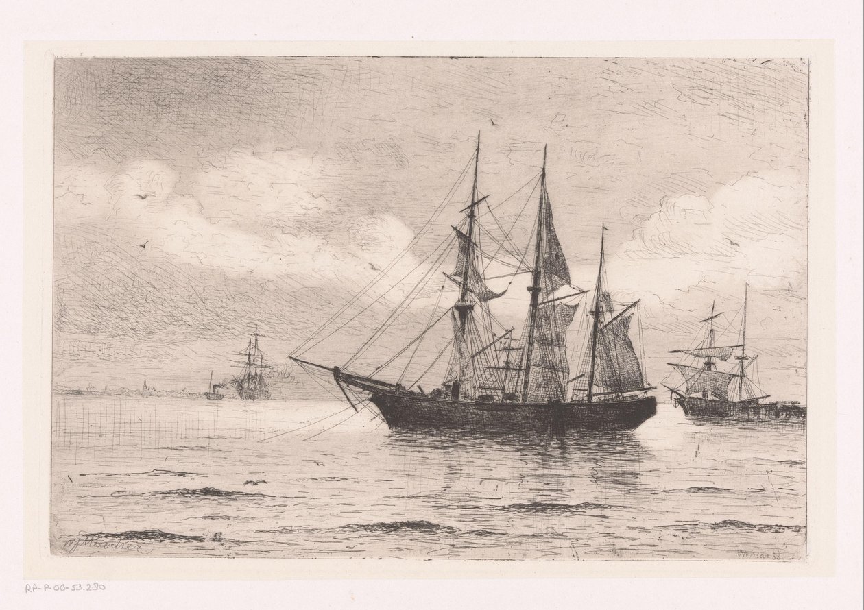 Üç usta ve diğer gemilerle deniz manzarası by Franz Maecker
