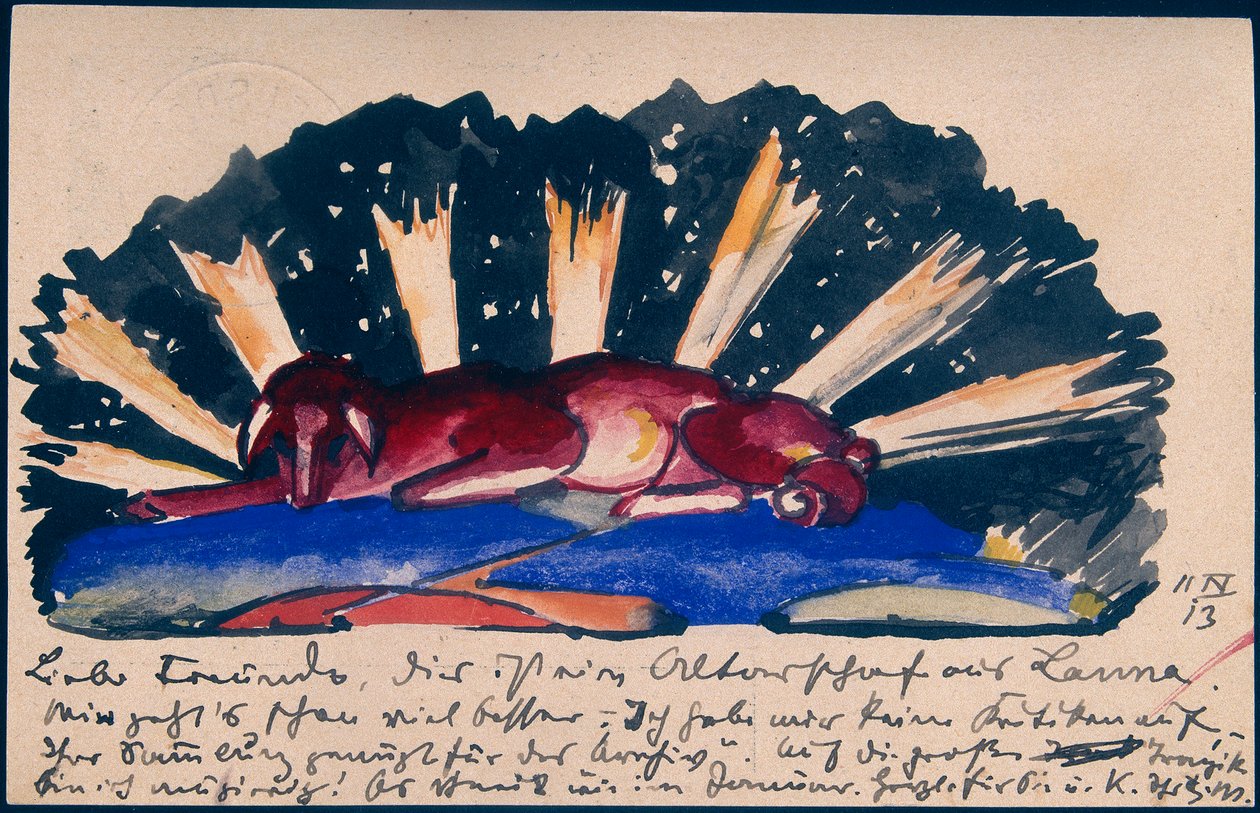 "Lana'dan sunak koyunları", Sindelsdorf'tan Franz Marc, Münih'teki Gabriele Münter'e: kartpostal, posta damgası 11 Nisan 1913 by Franz Marc