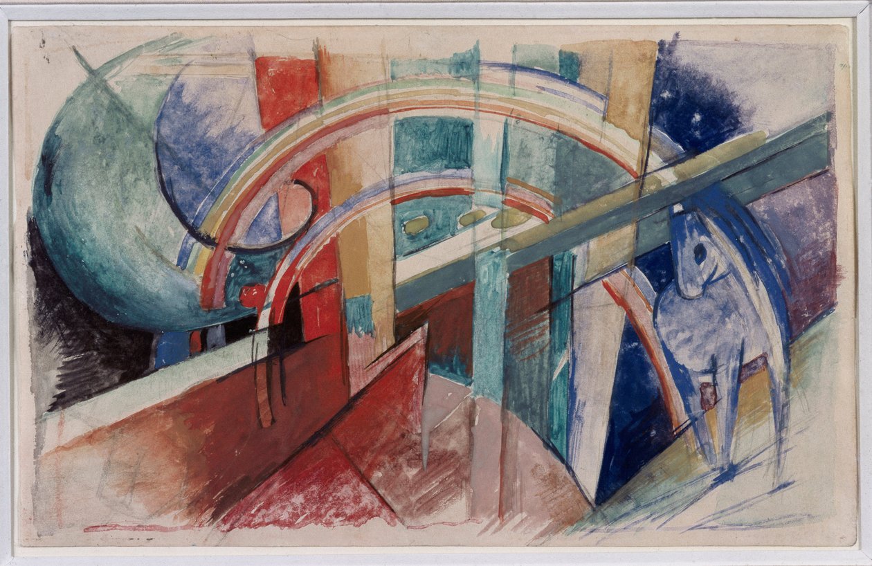 Franz Marc tarafından kurşun kalem ve sulu boya ile mavi at ve gökkuşağı çizimi by Franz Marc