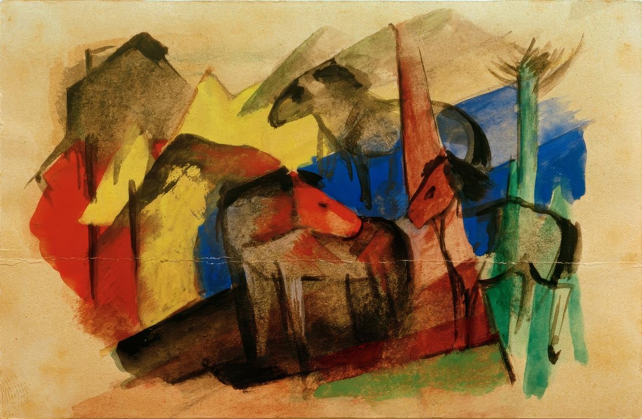 Evler ile manzara içinde üç at by Franz Marc