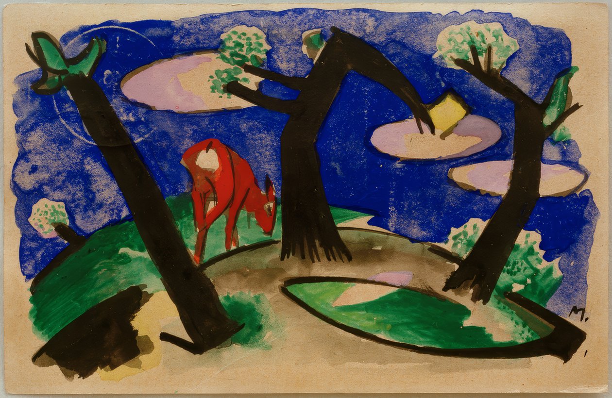 Kırmızı bir hayvanla manzara by Franz Marc