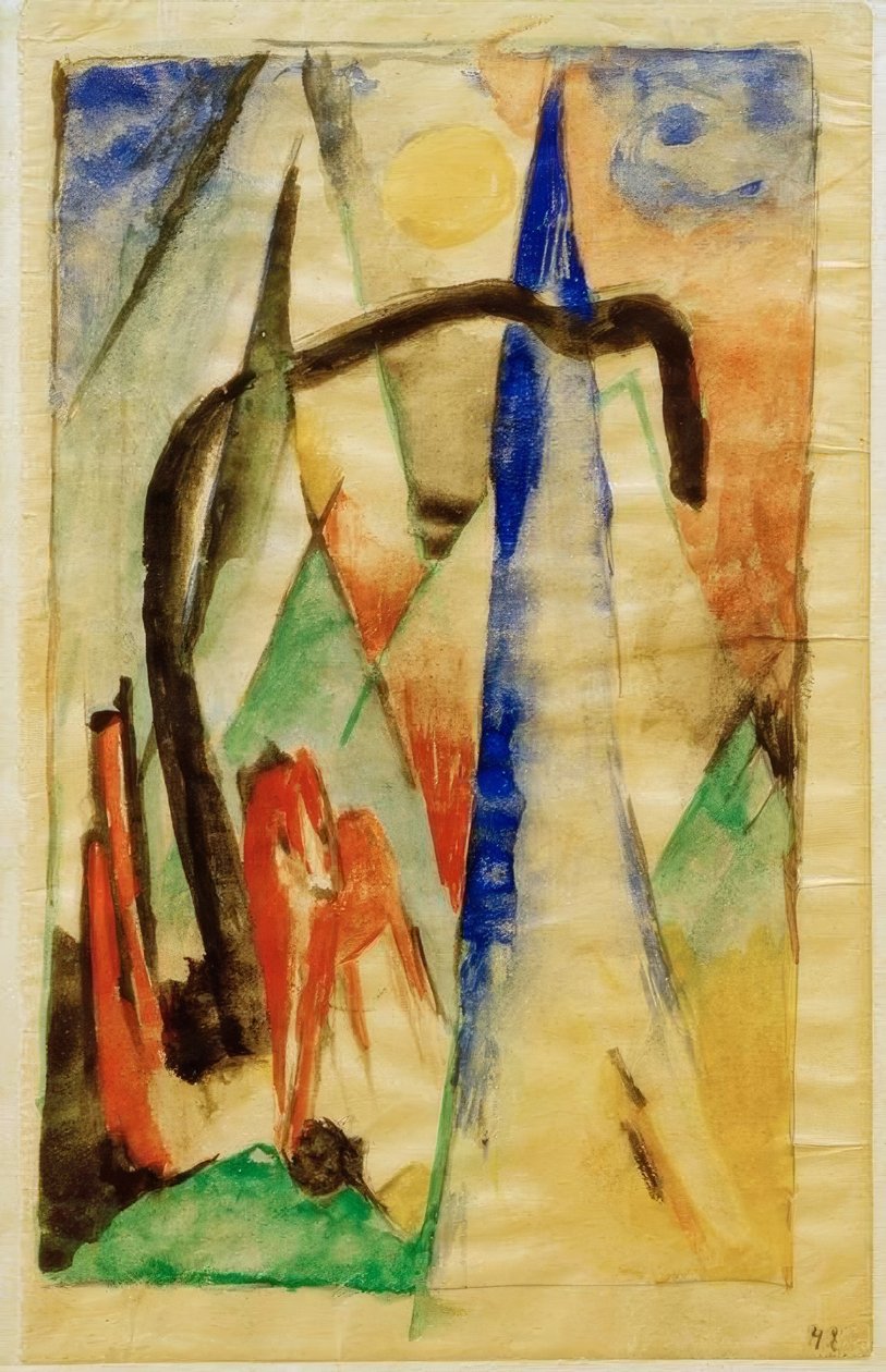Sivri şekillerle manzarada at by Franz Marc