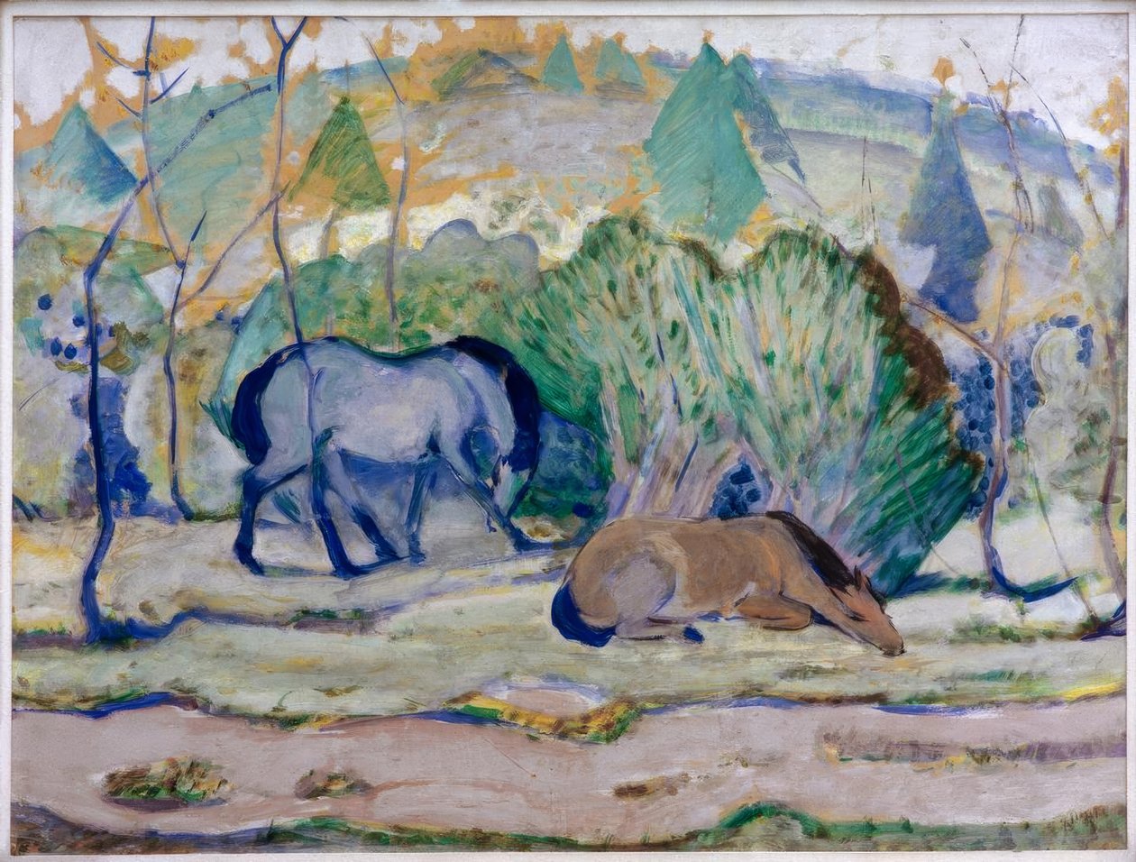 Pferde auf der Weide (Pferde in Landschaft) by Franz Marc