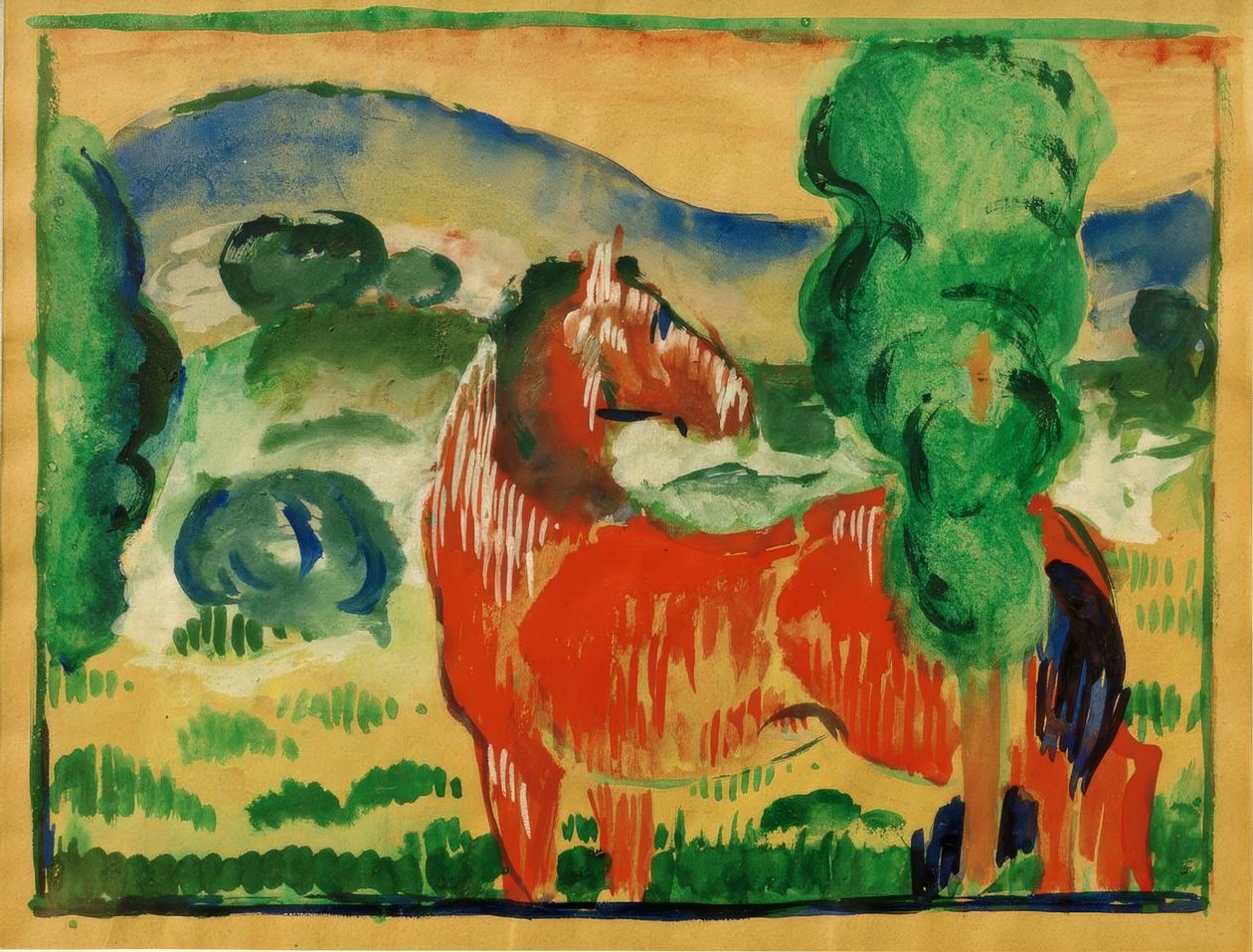 Renkli bir manzara içinde kırmızı at by Franz Marc