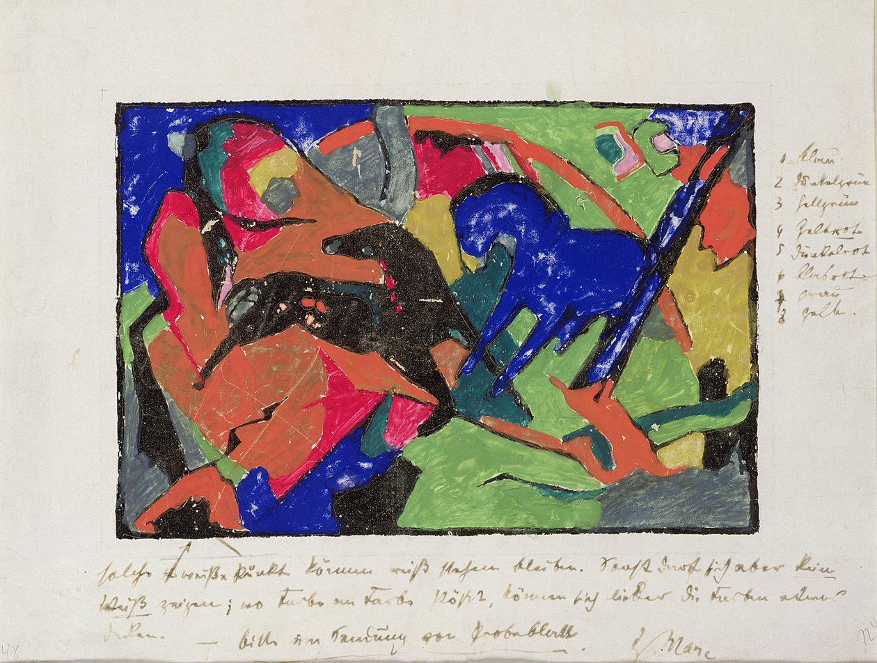İki At, 1911-12 (el renkli baskı) by Franz Marc