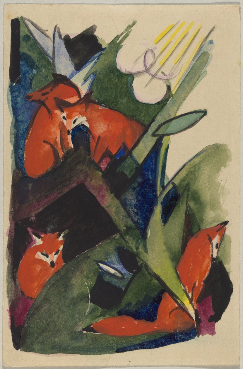 "Dört tilki", Franz Marc Sindelsdorf'tan Münih'teki Wassily Kandinsky'ye: kartpostal, posta damgası 4 Şubat 1913 by Franz Marc