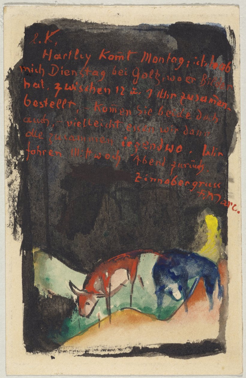 "Zinnobergrüss", Franz Marc Sindelsdorf'tan Münih'teki Wassily Kandinsky'ye: kartpostal, posta damgası 19 Nisan 1913 by Franz Marc