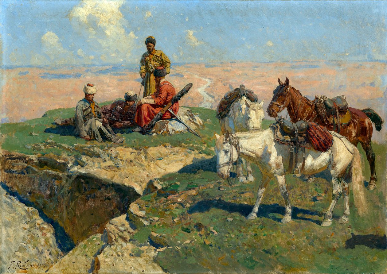 Kafkas savaşçılarının durdurulması - Resim Franz Roubaud (1856-1928) by Franz Roubaud