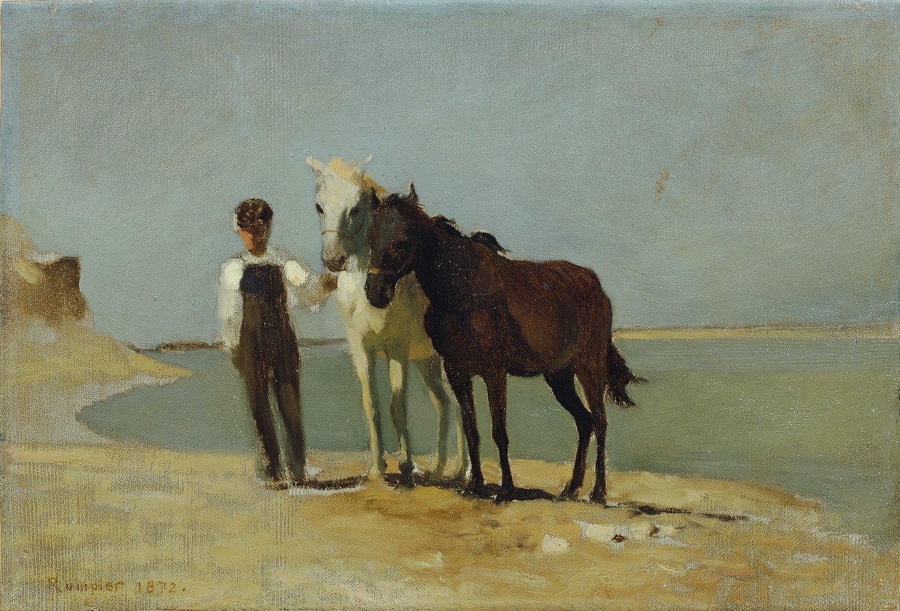 Sahilde atları olan bir çocuk by Franz Rumpler