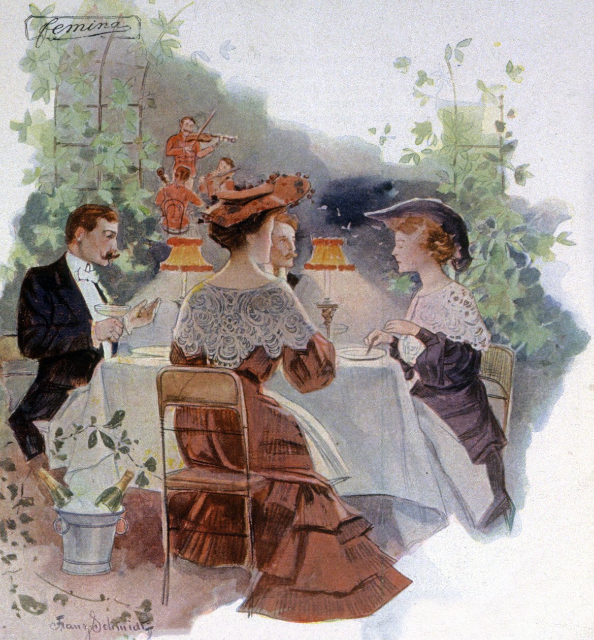 Bois de Boulogne'da bir restoranda akşam yemeği, 1900 dolayları (resim by Franz Schmidt