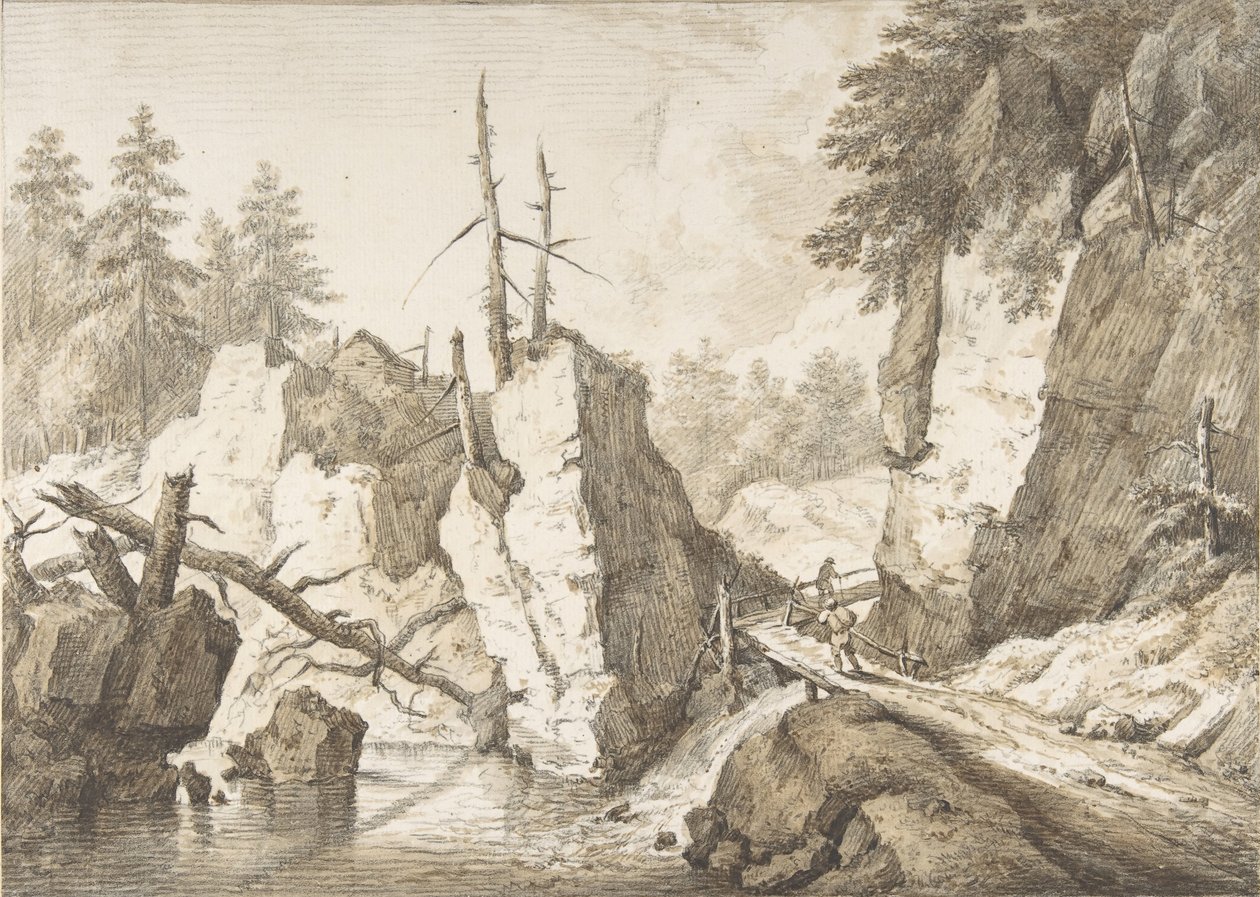 Bir dereyi kapsayan küçük bir köprü ile İsviçre dağ manzarası, 1751-81. by Franz Schutz