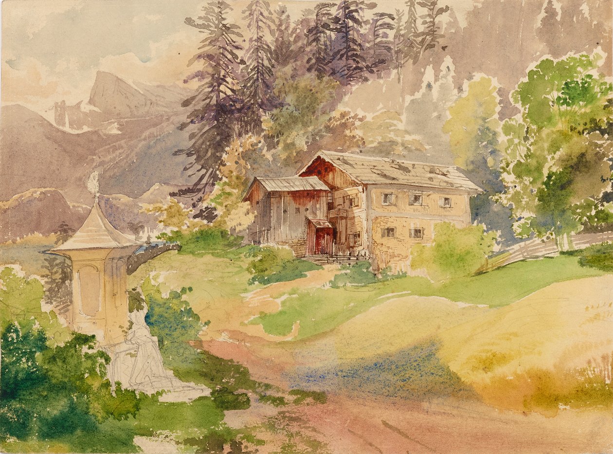 Bir türbenin önünde çiftlik evi ve kadın ile Alp manzara by Franz Steinfeld
