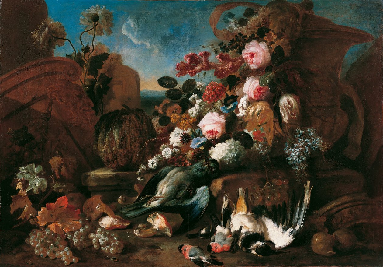 Çiçekler, ölü kuşlar ve harabe parçaları ile natürmort by Franz Werner Tamm