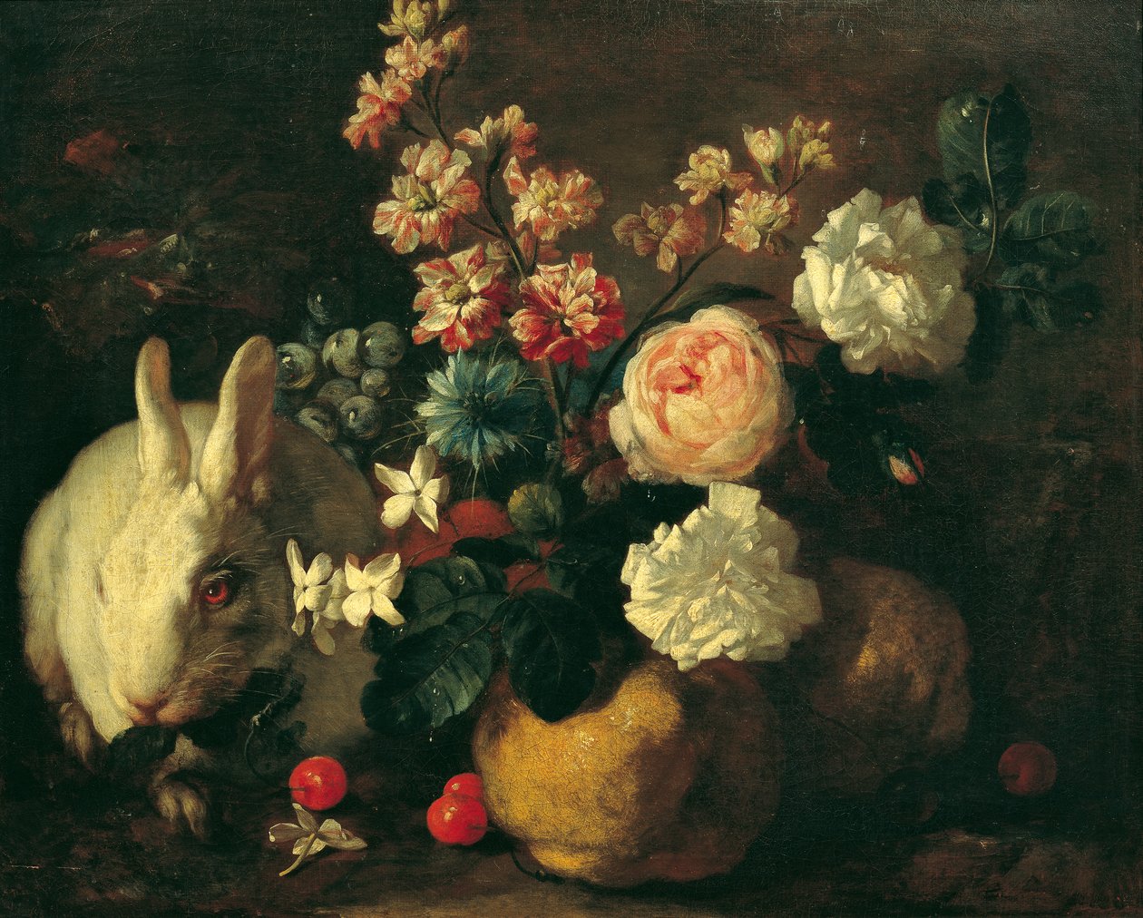 Tavşanlar, çiçekler ve meyveler ile natürmort by Franz Werner Tamm