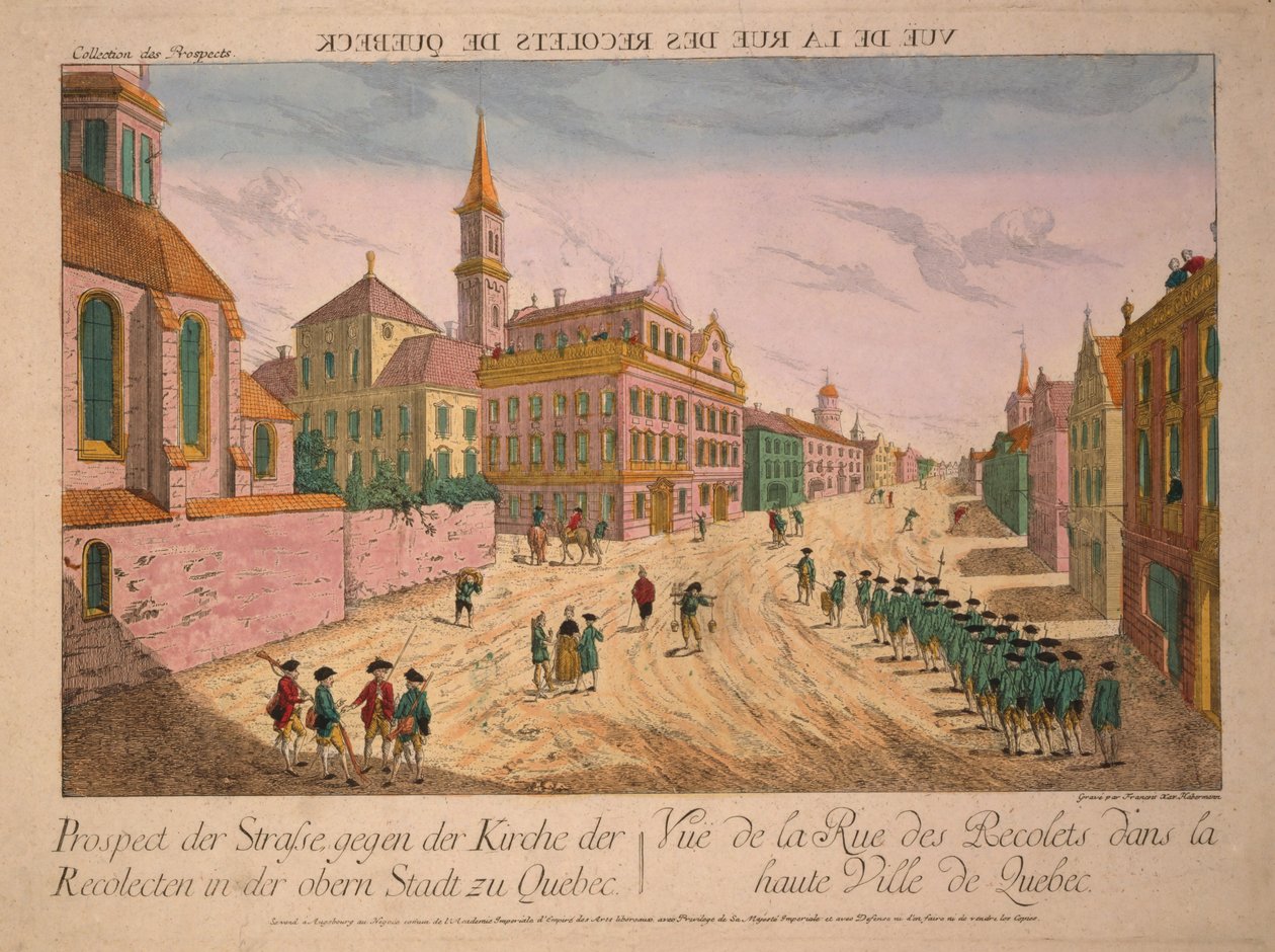 Vue de la Rue des Récollets de Quebec, yayınlanmış c.1770s (el renkli gravür) by Franz Xaver Habermann