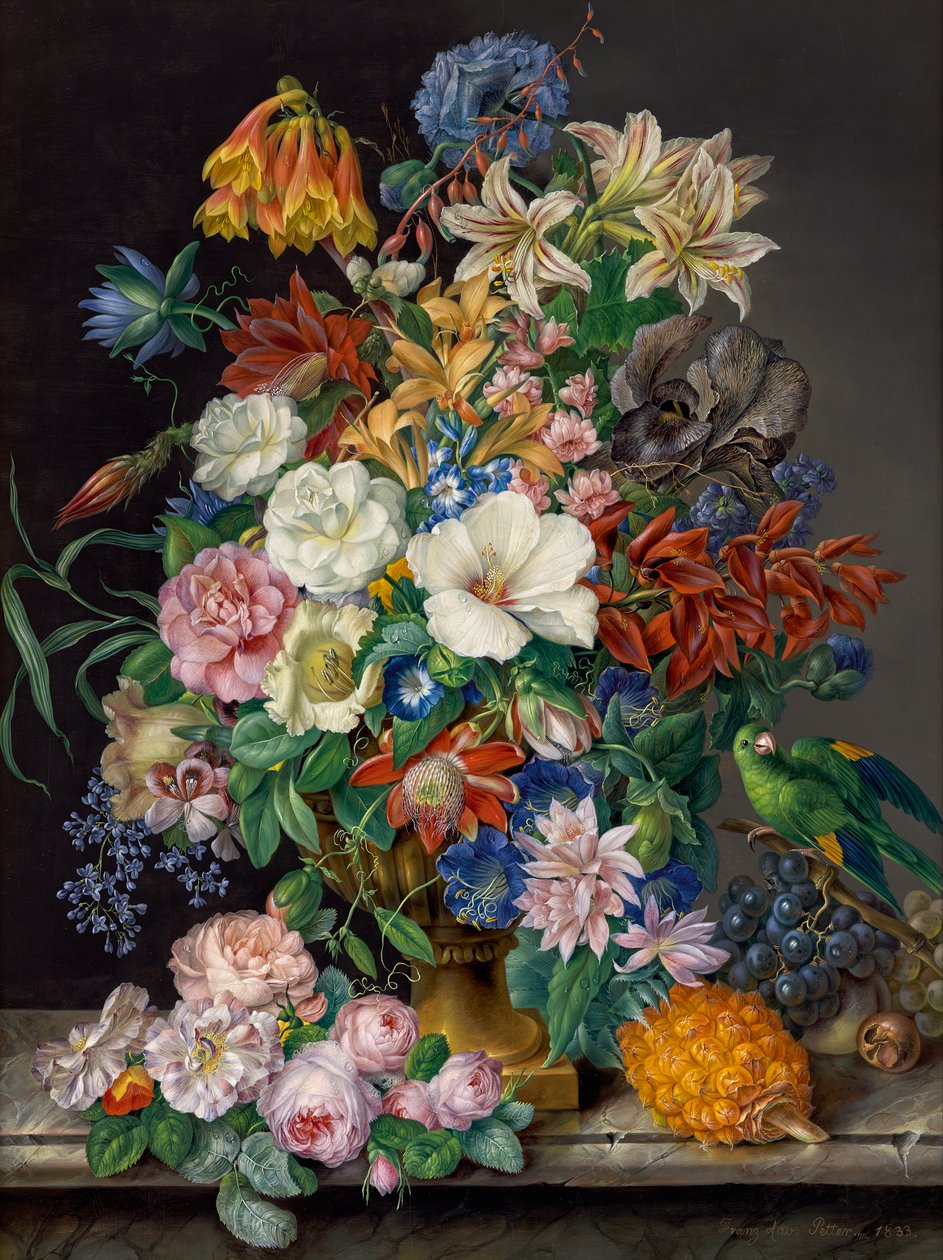 Ananas, üzüm ve papağan ile çiçek parçası by Franz Xaver Petter