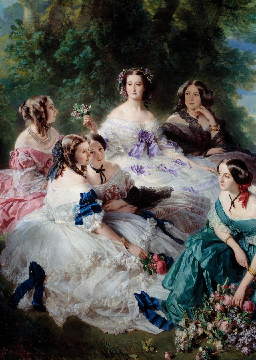 1855 yılında Impress Eugenie (1826-1920), Essling Prensesi, Taş Baronesi, Vikontes Lezay-Marnesia, beyazlar içinde İmparator ve Montebello Markizini temsil eden Detay Sarayı