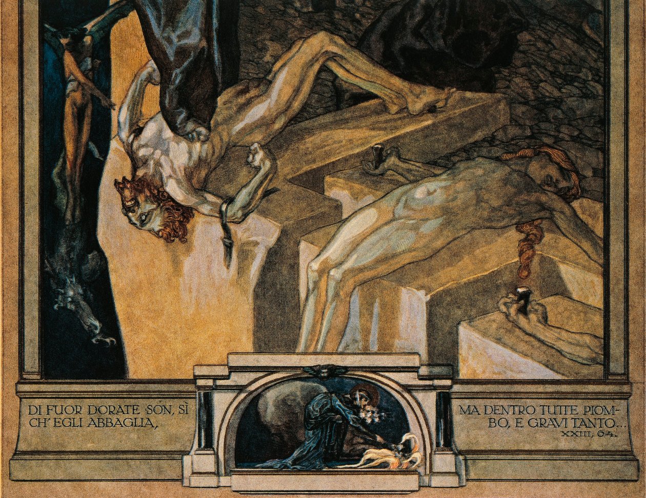 Avusturya, Viyana, Franz von Bayros'un Dante Alighieri'nin İlahi Komedyası (Cehennem, Şarkı XXII) çizimi, detay by Franz von Bayros (1866 1924)