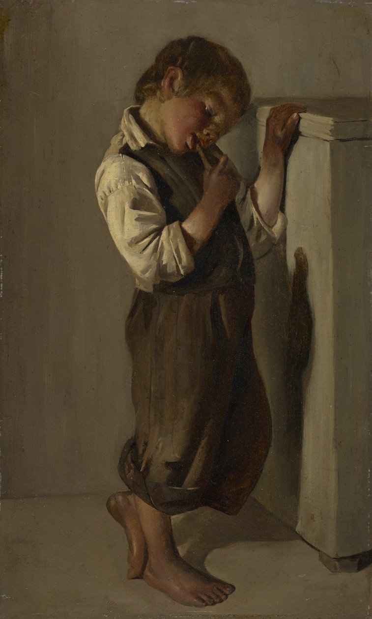 Oturma odasında ekmek yiyen çiftlik çocuğu by Franz von Lenbach