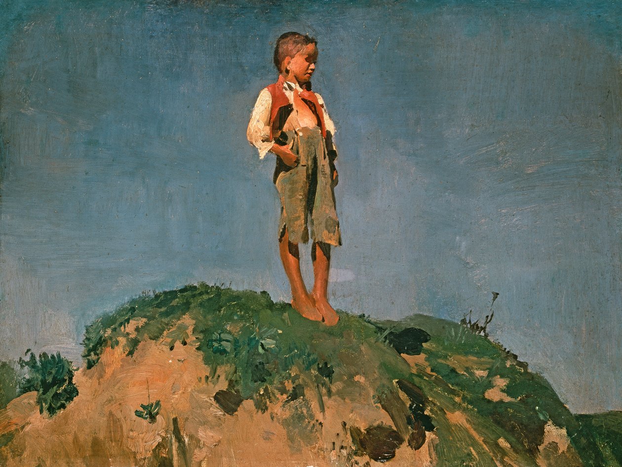 Çimenli bir tepede bekçi çocuk by Franz von Lenbach