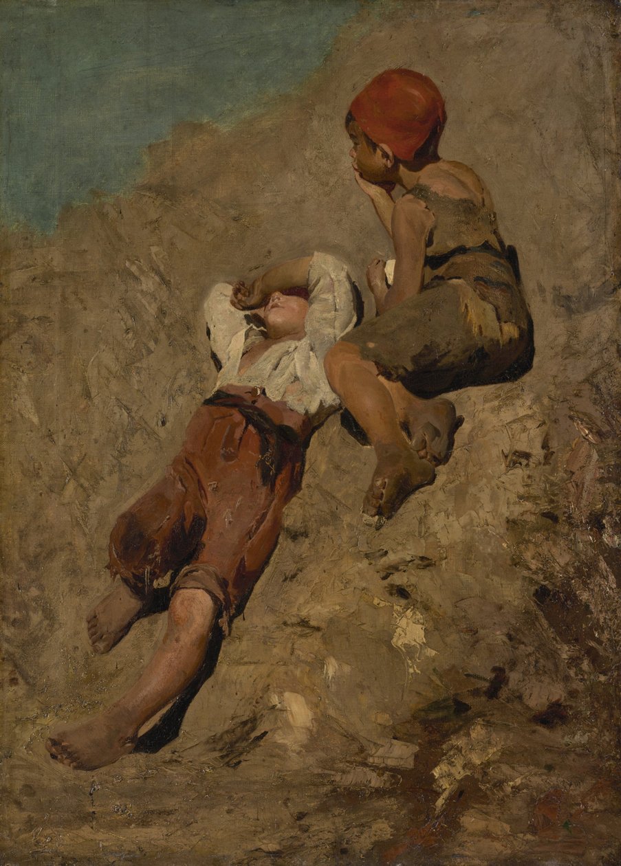 Bir yamaçta iki köylü çocuk by Franz von Lenbach