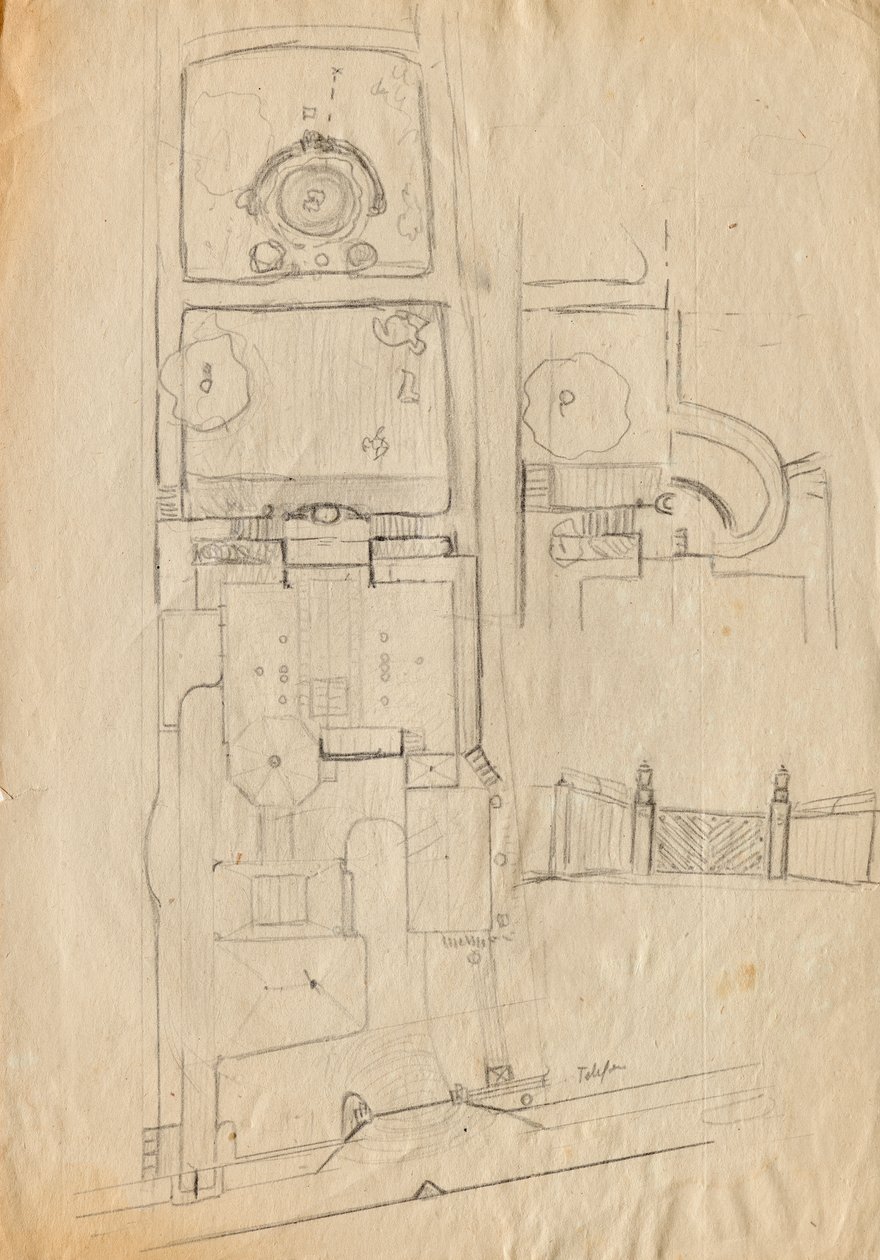 Matcha Atelier Villa için tasarım eskizleri - tüm kompleksin kat planı ve bahçe, kapı sistemi by Franz von Matsch