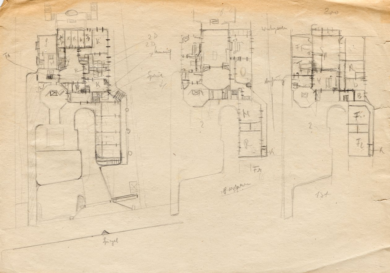 Matcha Atelier Villa için tasarım eskizleri - üç katlı kat planı by Franz von Matsch