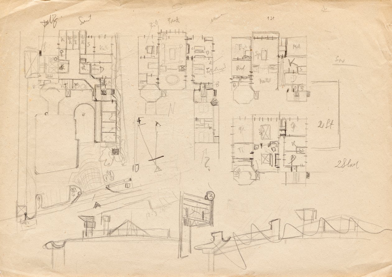 Matcha Atelier Villa için tasarım eskizleri - kat planları ve çatı inşaatı by Franz von Matsch