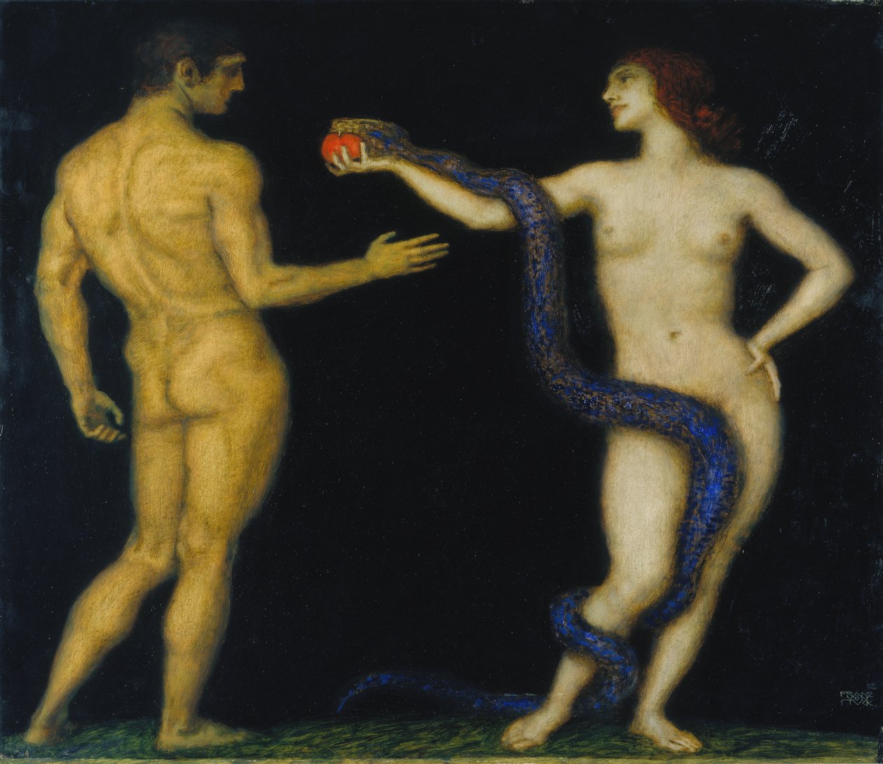 Adem ve Havva, 1920 dolayları (ahşap üzerine tempera) by Franz von Stuck