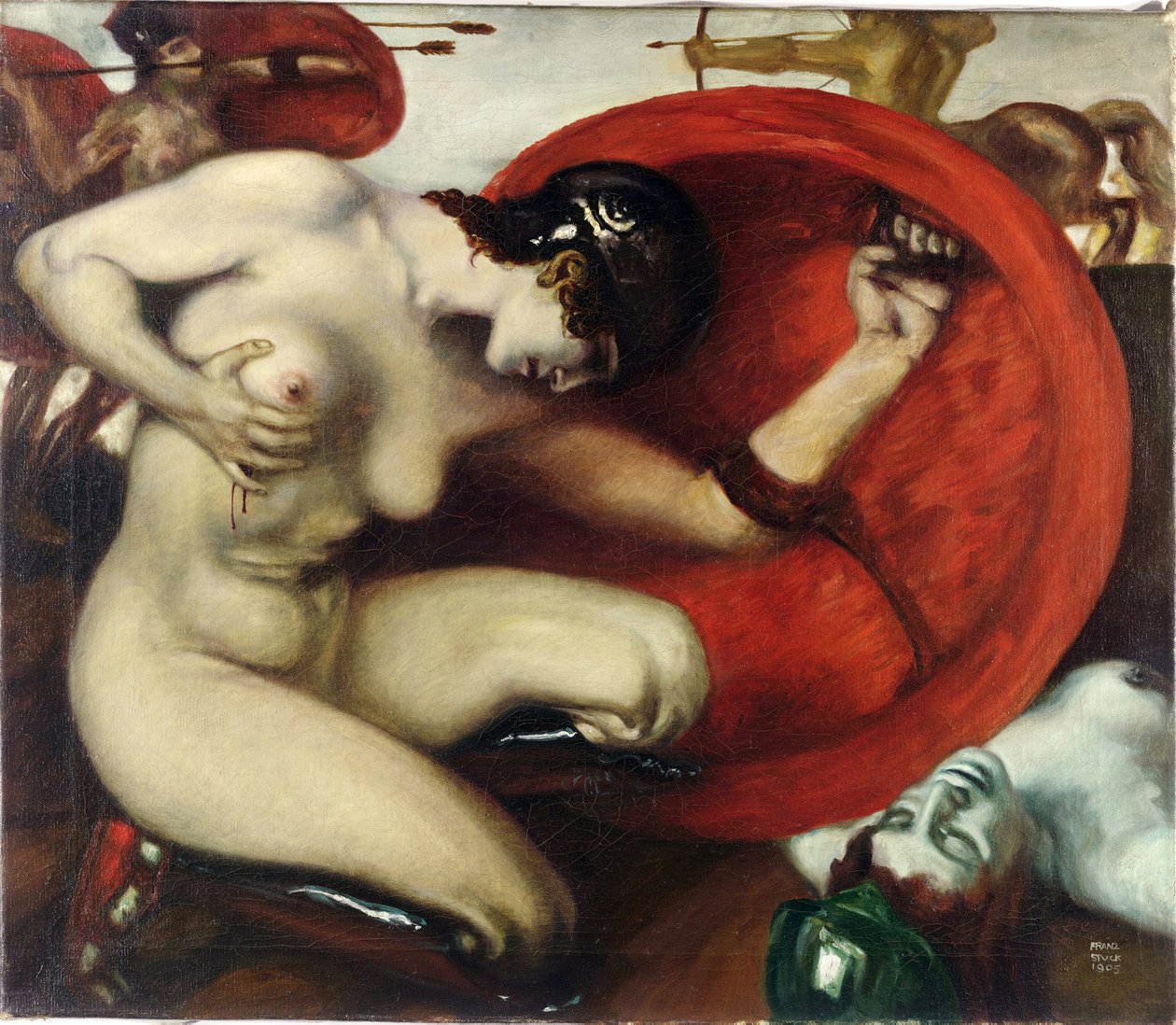 Amazone kutsamak - Yaralı Amazon par Stuck, Franz, Ritter von (1863-1928). Tuval üzerine yağlı boya, ebat : 62,8x72,7 by Franz von Stuck