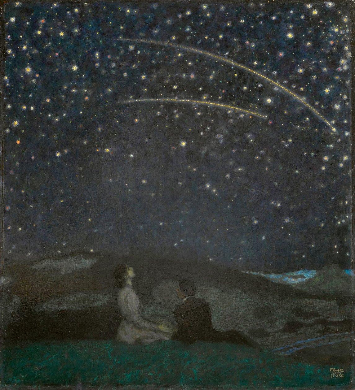 Les etoiles filantes (Franz et Mary von Stuck) - Kayan Yıldızlar (Franz ve Mary Stuck), Stuck, Franz, Ritter von (1863-1928). ahşap üzerine yağ by Franz von Stuck