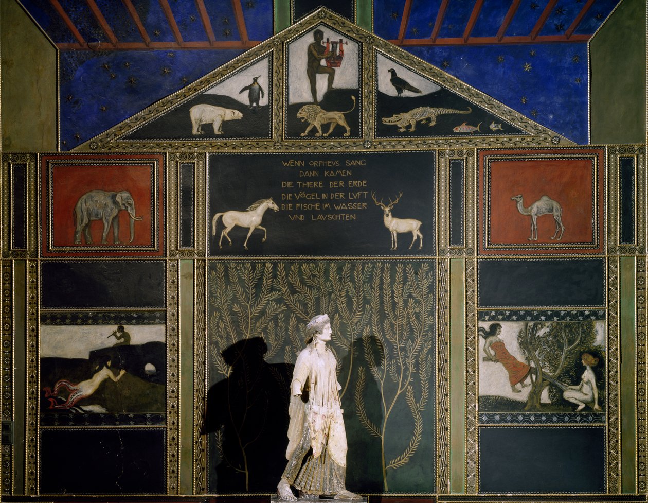 Orpheus efsanesi, Franz von Stuck tarafından tipik Secession teması ve renginde tablo, Hall of Music, Villa Stuck, Münih, Almanya