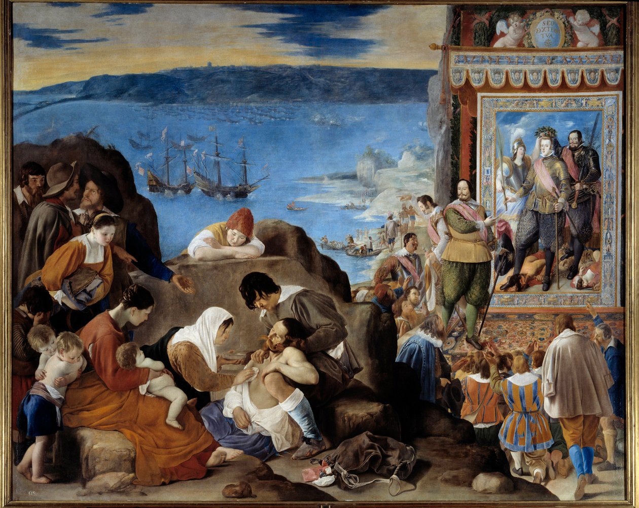 Fadrique Alvarez de Toledo y Mendoza (1580-1634) komutasındaki Portekiz, İspanyol ve Hint ordusunun Salvador de Bahia'yı (Brezilya) 1 Mayıs 1625'te ele geçirme alegorisi (Bahia'nın Brezilya'da yeniden ele geçirilmesi) - Sol: kurbanlar - Sağ by Fray Juan Batista Maino or Mayno