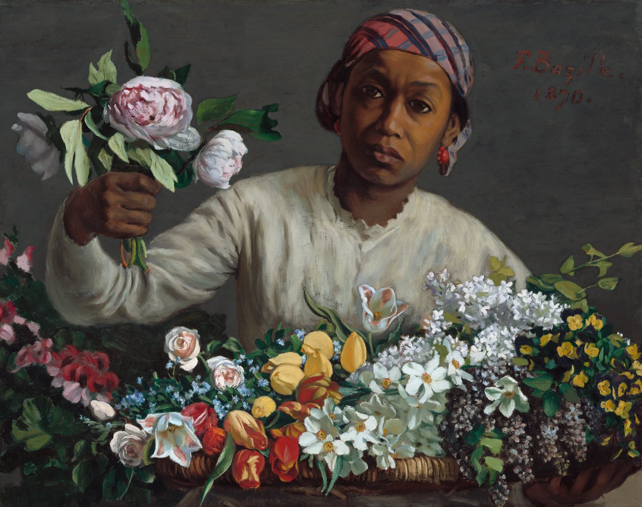 Peonies ile genç kadın by Frédéric Bazille
