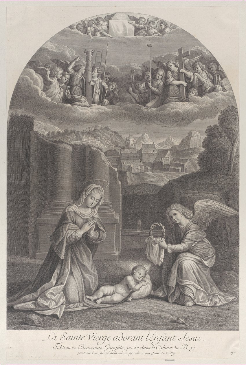 İsa çocuğuna tapan Meryem Ana, sağda dikenli bir taç tutan bir melek,..., yakl. 1729. by Frédéric Horthemels