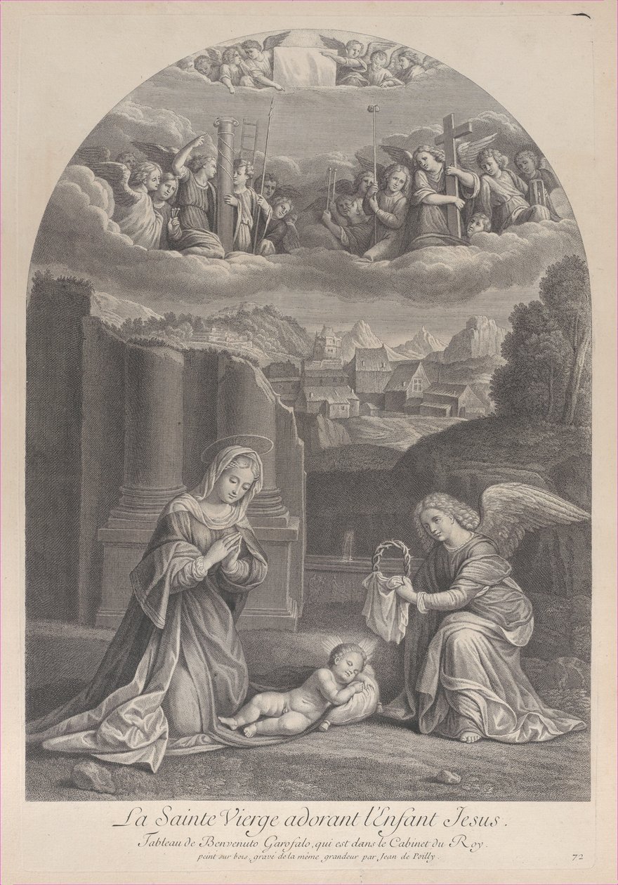 İsa çocuğuna tapan Meryem Ana, sağda dikenli bir taç tutan bir melek,..., yakl. 1729. by Frédéric Horthemels