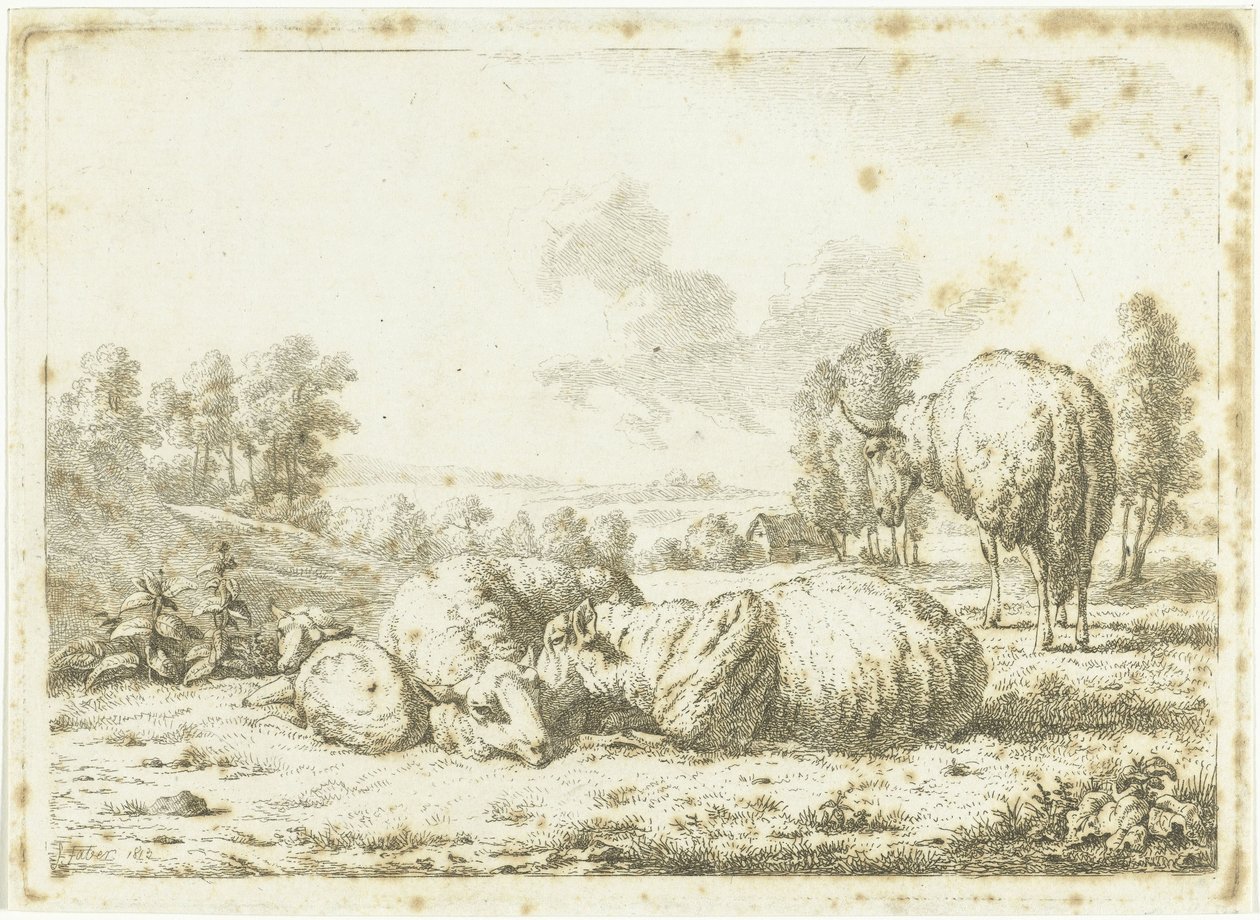 Üç koyun ve bir kuzu ile manzara by Frédéric Théodore Faber