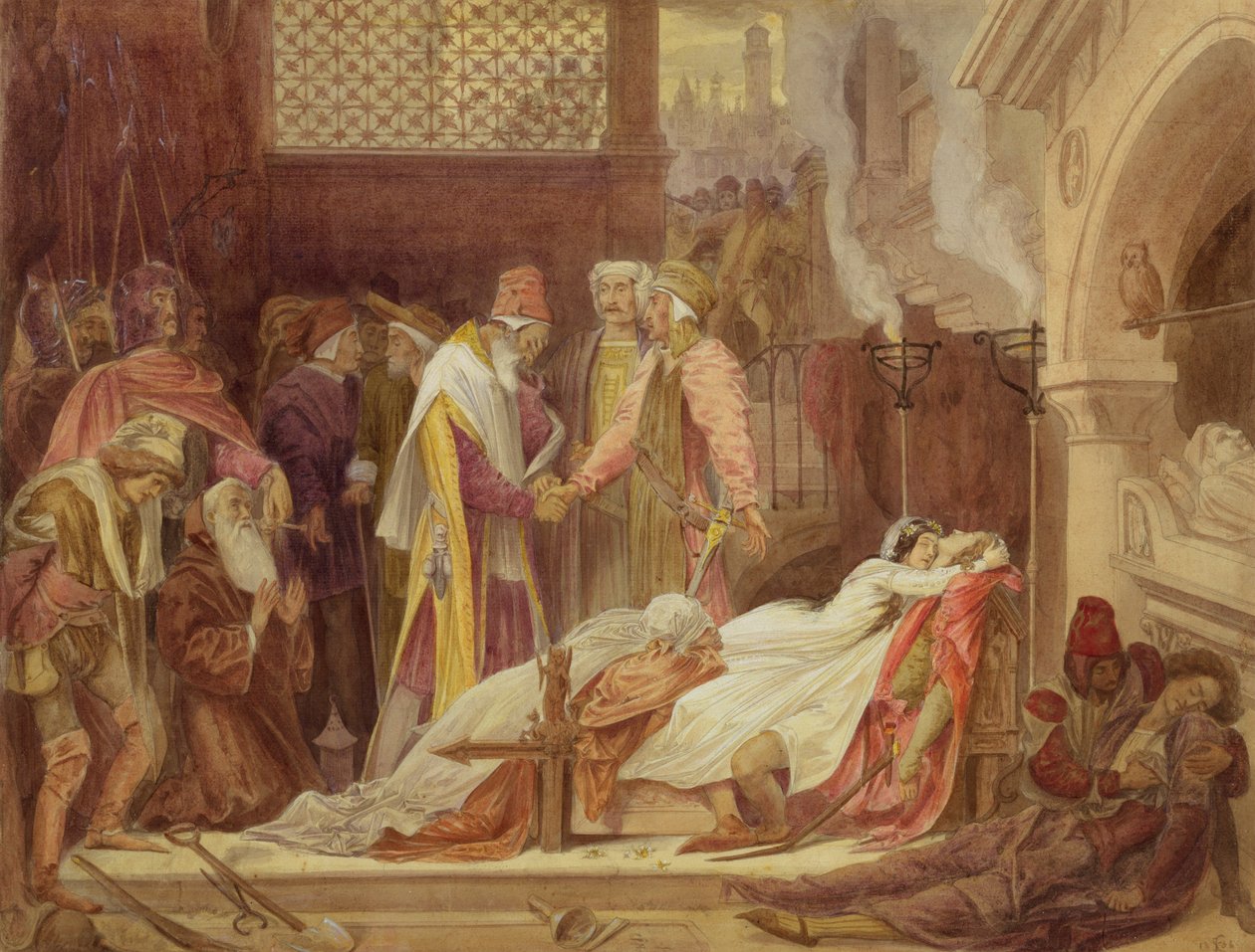 Montagues ve Capuletlerin Uzlaşması, c.1854 (kağıt üzerinde wc, gövde rengi ve grafit üzerine sakız) by Frederic Leighton