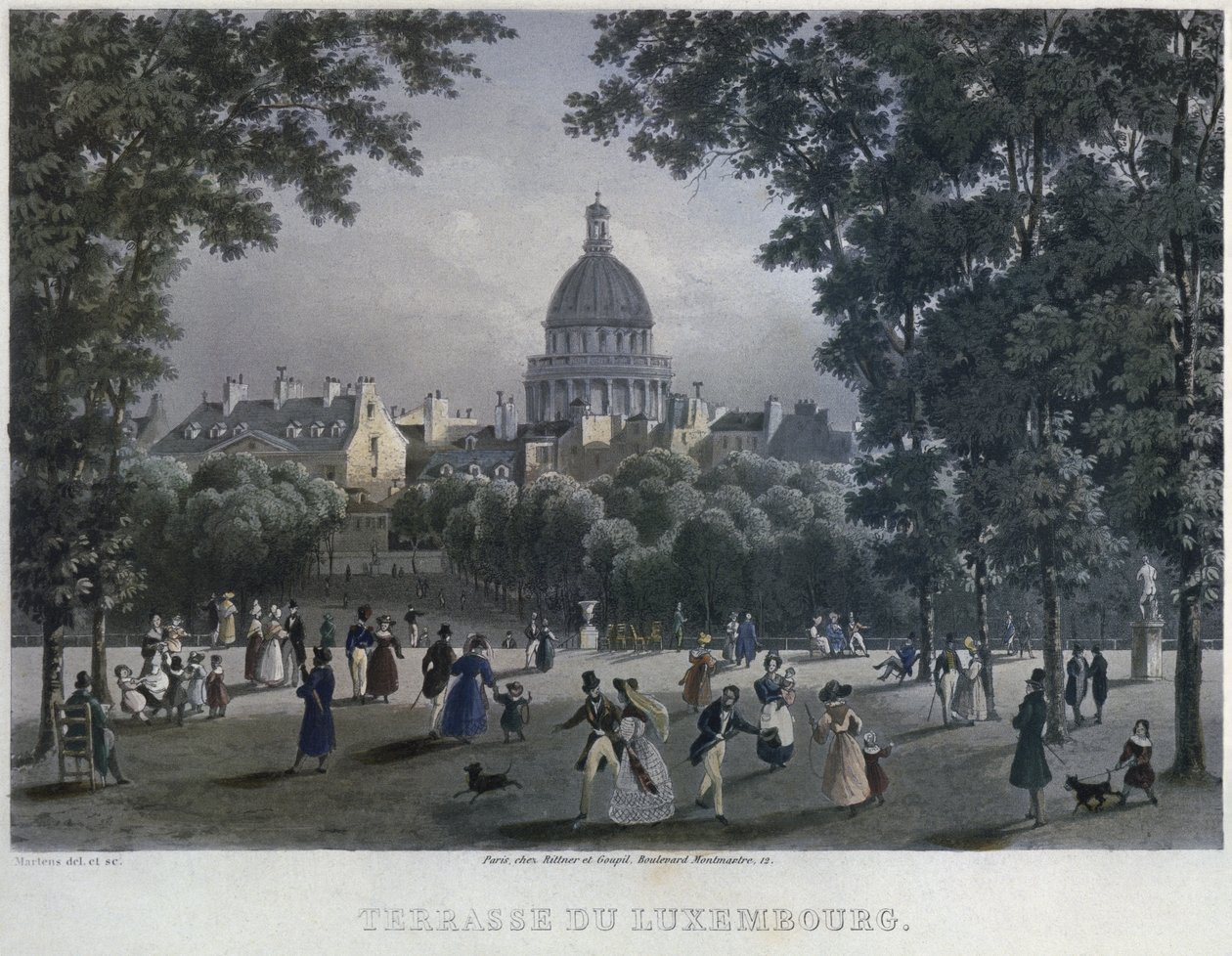 Jardin du Luxembourg, Frederic Martens (1809-75) 1832 (renkli gravür) tarafından oyulmuş by Frederic Martens
