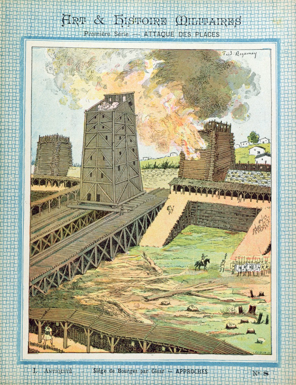 Julius Caesar (MÖ 100-44) tarafından Galya'nın işgali sırasında Bourges kuşatması, 19. yüzyılın sonlarında okul kitapları için koruyucu bir kılıftan by Frederic Regamey