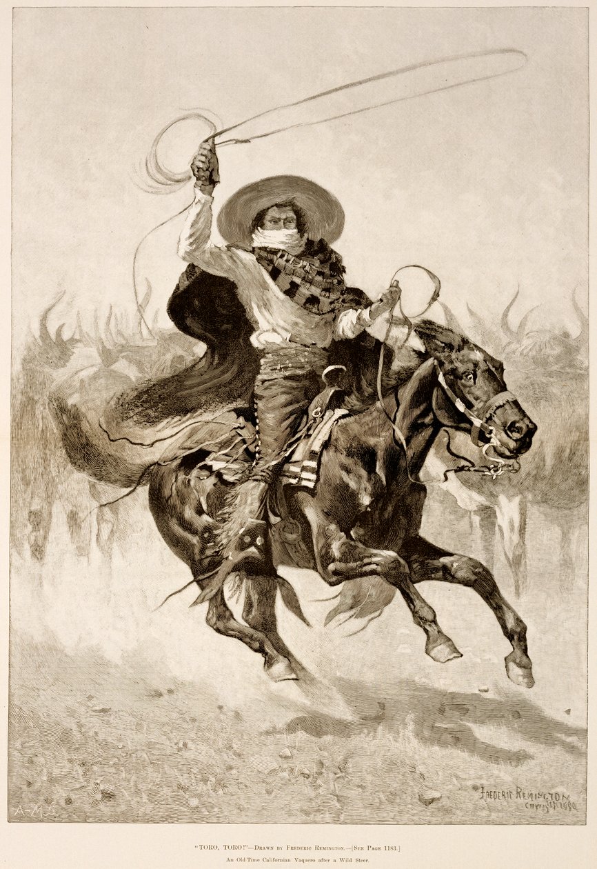Toro, Toro!, Vaquero ya kera ya Californiya Nyuma ya Steer yo mu gasozi (gushushanya ibiti ku makuru) by Frederic Remington