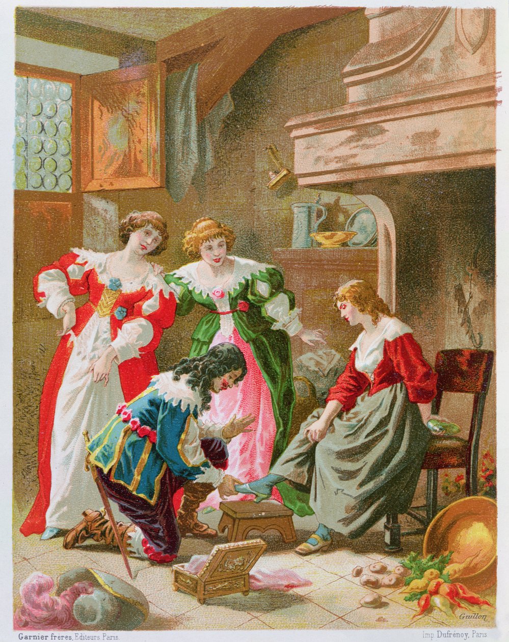 "Les Contes de Perrault"dan (chromolitho) Külkedisi Cam Terliği Denerken by Frederic Theodore Lix