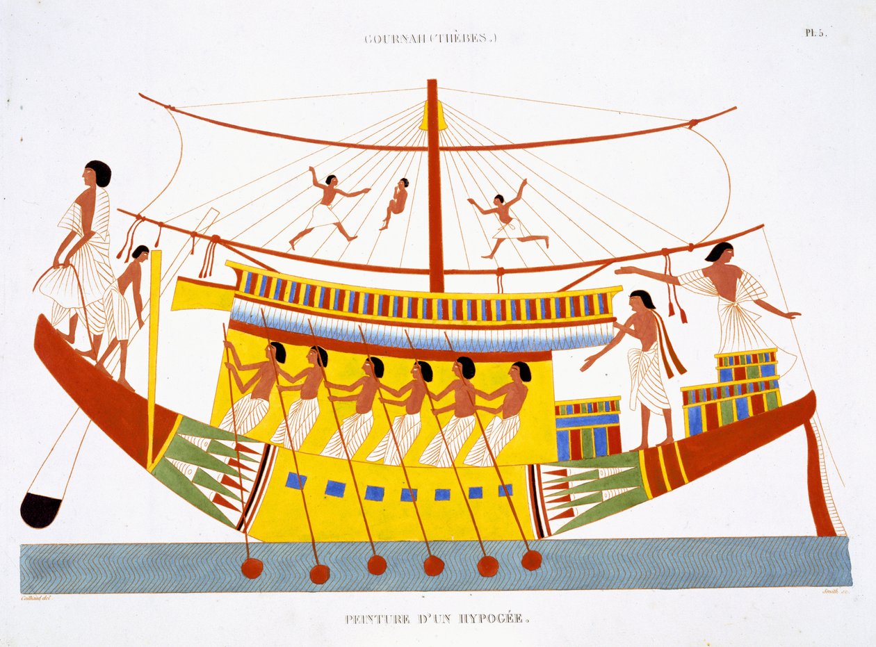 Thebes'ten Nadir bir Fresk Kaydı'ndan Nil'de Bir Nehir Teknesi, Frederic Cailliaud (1787-1869) tarafından Mısır'a yaptığı ikinci ziyarette 1819-1822'de kaydedildi, renkli lito by Frederic (after) Cailliaud