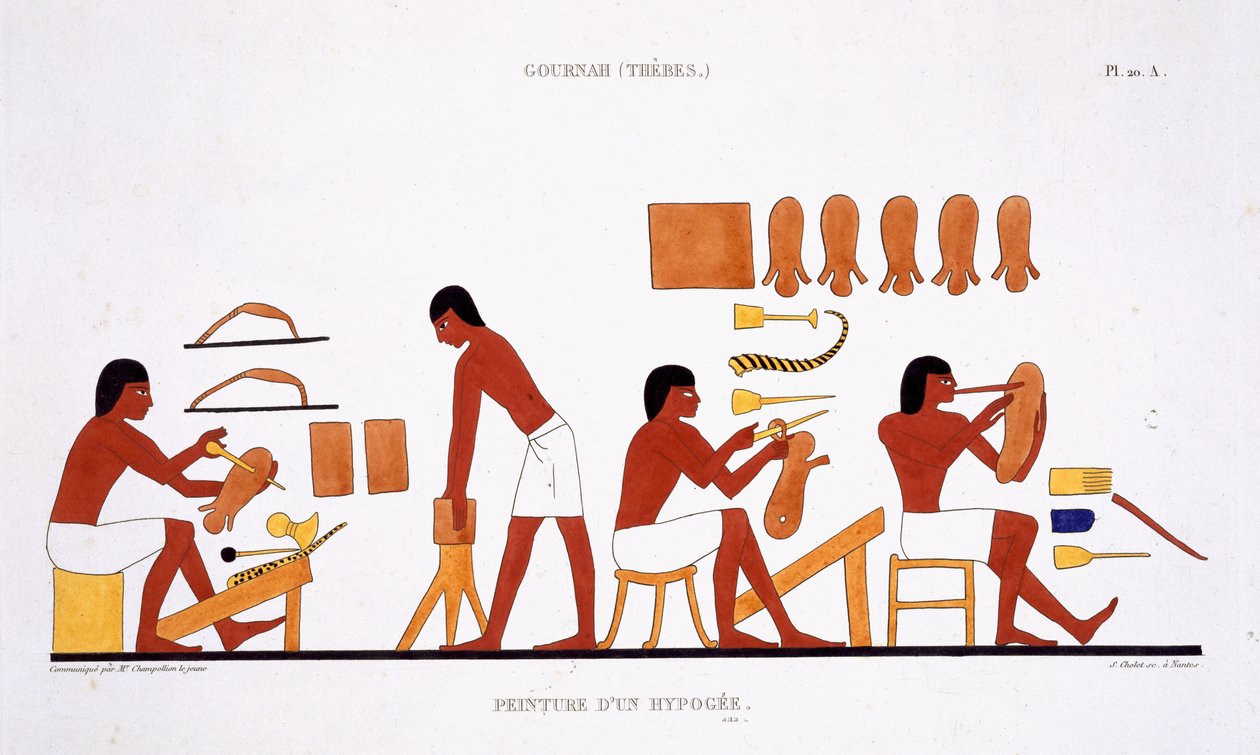 Teb'den Nadir Bir Fresk Kaydı'ndan deri işçileri, 1819-1822'yi Mısır'a yaptığı ikinci ziyarette Frederic Cailliaud (1787-1869), renkli lito by Frederic (after) Cailliaud