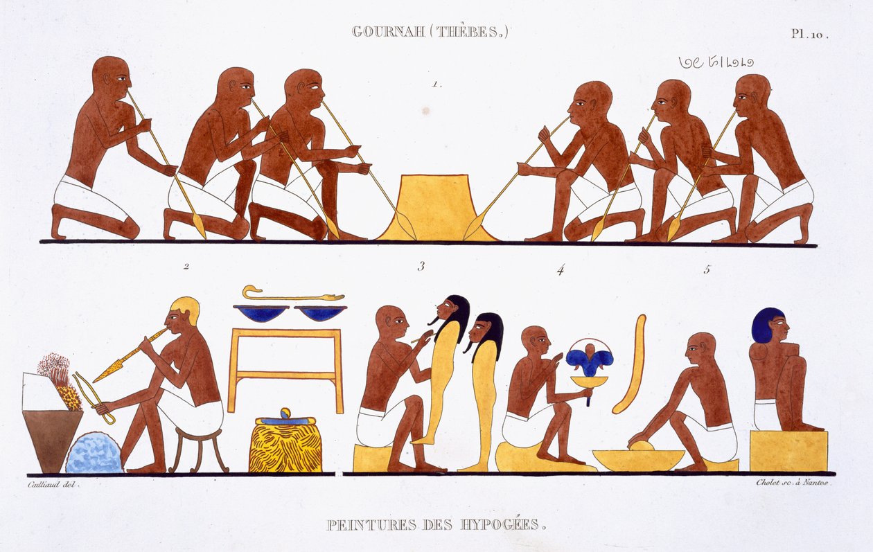 Teb'den Nadir bir Fresk Kaydı'ndan metal işleme, 1819-1822'yi Mısır'a yaptığı ikinci ziyarette Frederic Cailliaud (1787-1869), renkli lito by Frederic (after) Cailliaud
