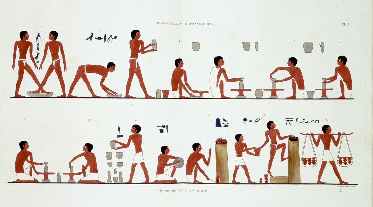 Thebes'ten Nadir Bir Fresk Kaydı'ndan İş Başında Çömlekçiler, Frederic Cailliaud (1787-1869) tarafından Mısır'a ikinci ziyaretinde 1819-1822 kaydedildi, renkli taş by Frederic (after) Cailliaud
