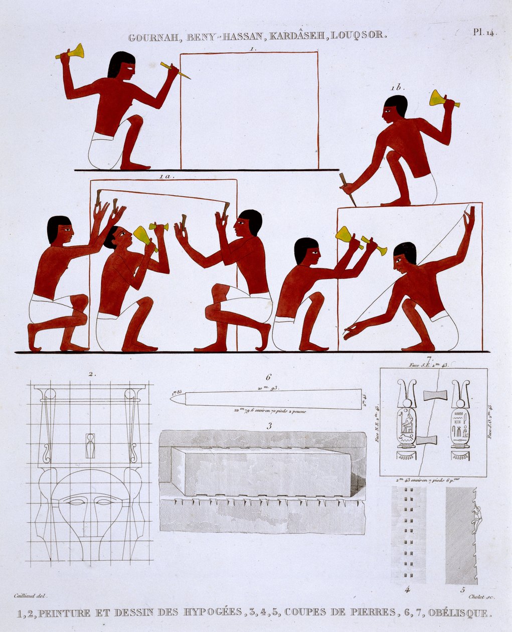 Thebes'ten Nadir Bir Fresk Kaydı'ndan İş Başında Taş Ustaları, 1819-1822'yi Mısır'a yaptığı ikinci ziyarette Frederic Cailliaud (1787-1869), renkli lito by Frederic (after) Cailliaud