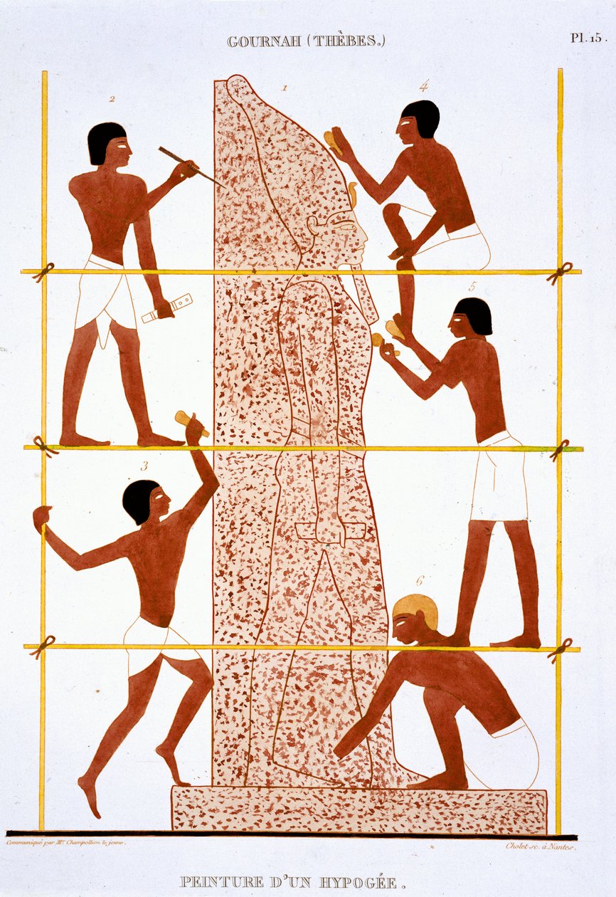 Thebes'ten Nadir Bir Fresk Kaydı'ndan Firavun'un devasa heykelini yapan taş ustaları, Mısır'a ikinci ziyaretinde 1819-1822'yi kaydetti by Frederic (after) Cailliaud