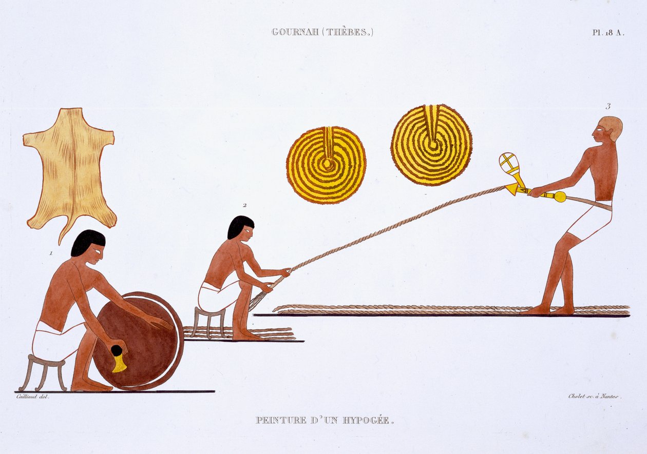 Tanner ve Ropemaker, Teb'den Nadir bir Fresk Kaydı'ndan, 1819-1822'yi Mısır'a yaptığı ikinci ziyarette Frederic Cailliaud (1787-1869), renkli lito by Frederic (after) Cailliaud