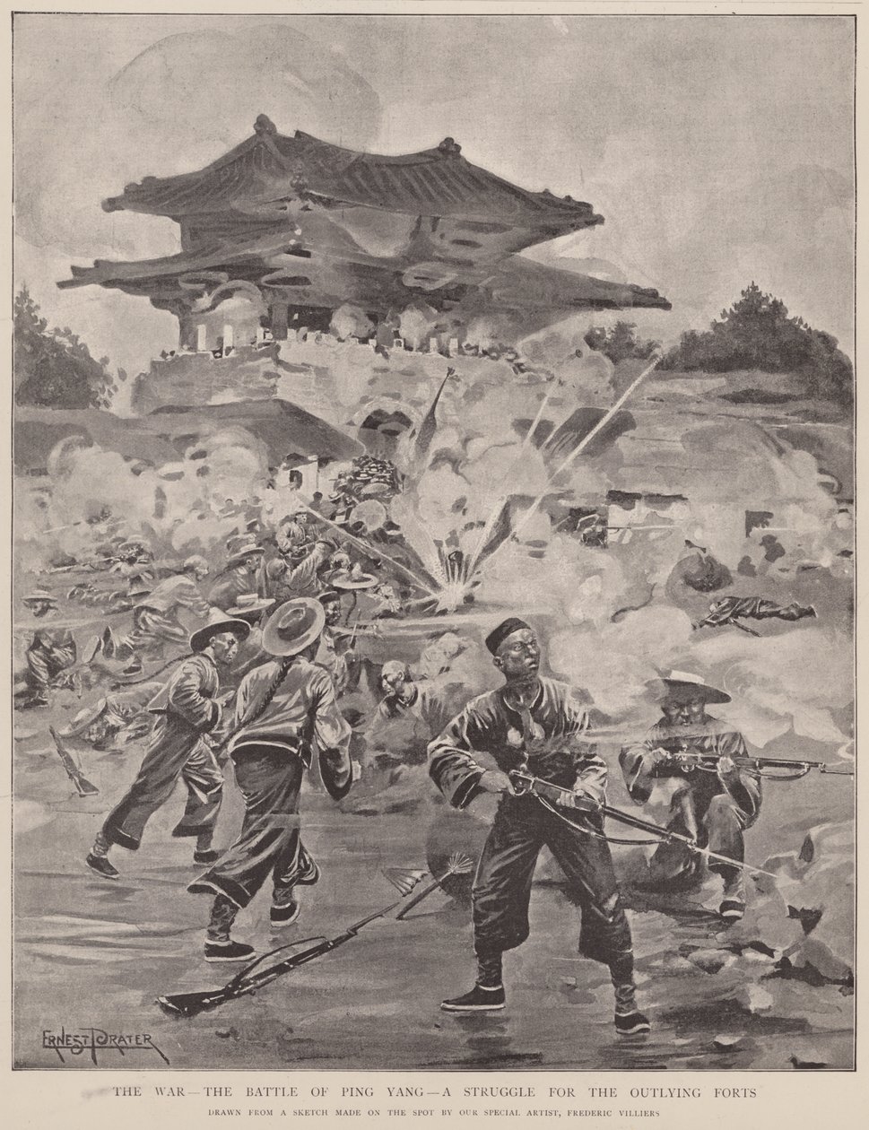 Savaş, Ping Yang muharebesi, dış kaleler için bir mücadele (lito) by Frederic (after) Villiers